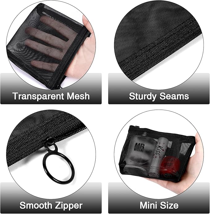 8 Pack Mini Zipper Mesh Makeup Bags, Nylon Cosmetic Bags Toiletry Purse Travel Organizer Bags Inside Bag for Office Travel Organization (Widened-Black, S)