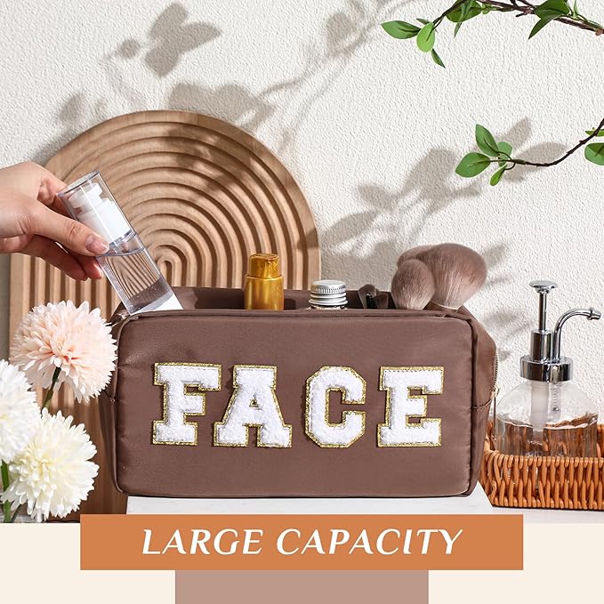 Remerry 4 PCS Nylon Cosmetic Bags Waterproof Spacious Travel Makeup Organizer for Women Chenille Letter Preppy Zipper Pouch Face Stuff Skin Hair Organizer Gift(Brown Series)