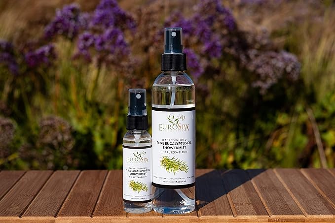 EuroSpa Aromatics Pure Eucalyptus Oil ShowerMist and Steam Room Spray, All-Natural Premium Aromatherapy Essential Oils - Tea Tree Infused, Duo Pack, 8oz and 2oz