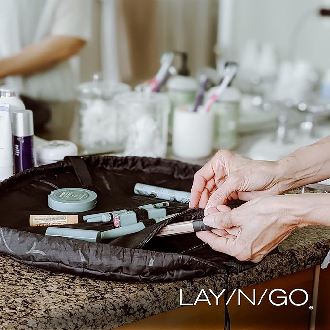 Lay-n-Go Cosmo Drawstring Cosmetic & Makeup Bag Organizer - Portable Drawstring Makeup Bag w/Zipper Pocket, Makeup Loops & More - Durable, Machine Washable Toiletry Bag (20", Comfort/Blue)