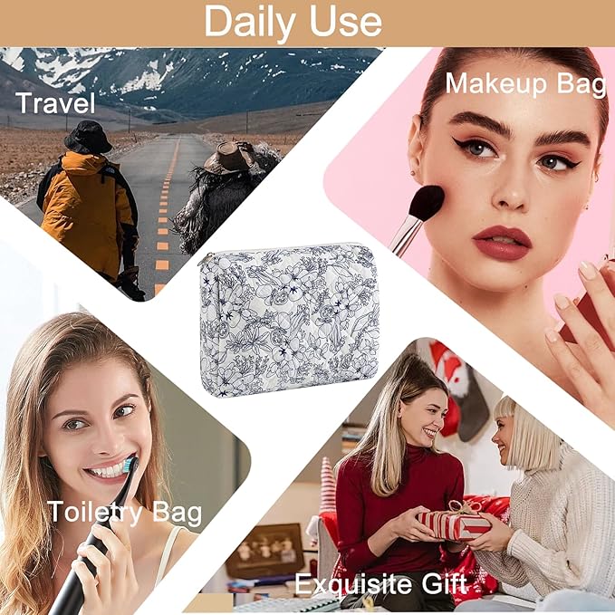 Makeup Bag Travel Cosmetic Bag for Women Girls, Zipper Make Up Pouch, Floral Flowers Toiletry Organizer Makeup, Portable Storage Bag, Cosmetic Travel Cloth Bag (L/Navy Blue Flower)
