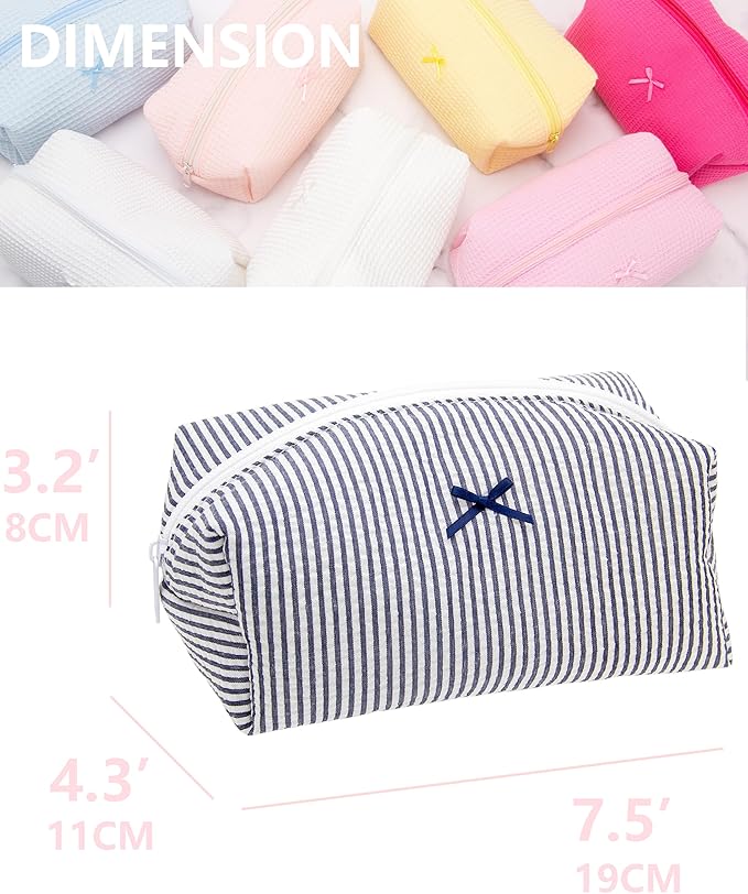 PAZIMIIK 6PCS Cozy Makeup Bag Small Aesthetic Travel Zipper Cosmetic Pouch for Women Make Up Beauty Accessories Brushes, Stripe Navy Blue