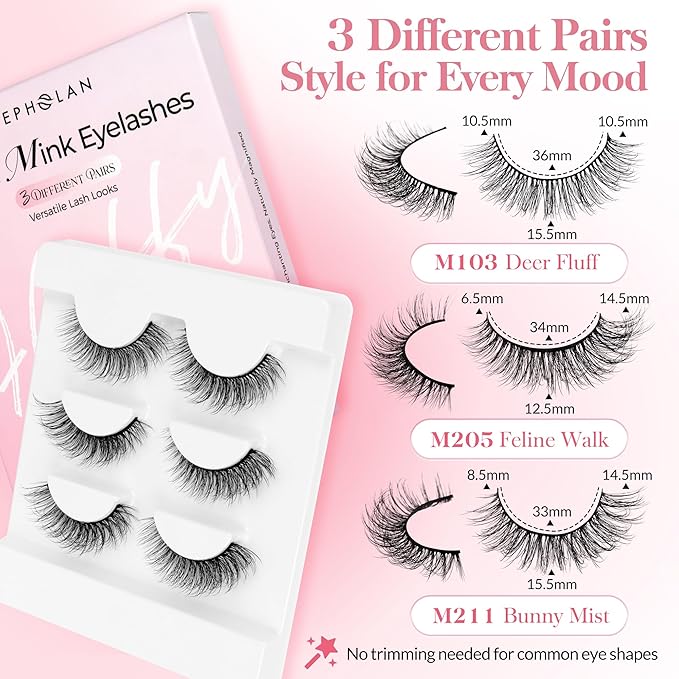 Bepholan False Eyelashes 3D Faux Mink Lashes Natural Look Super Fluffy Eyelashes Volume Strip Eyelashes, Cat Eye Lashes Lightweight Fake Eyelashes Easy to Apply 3 Pairs（M101）