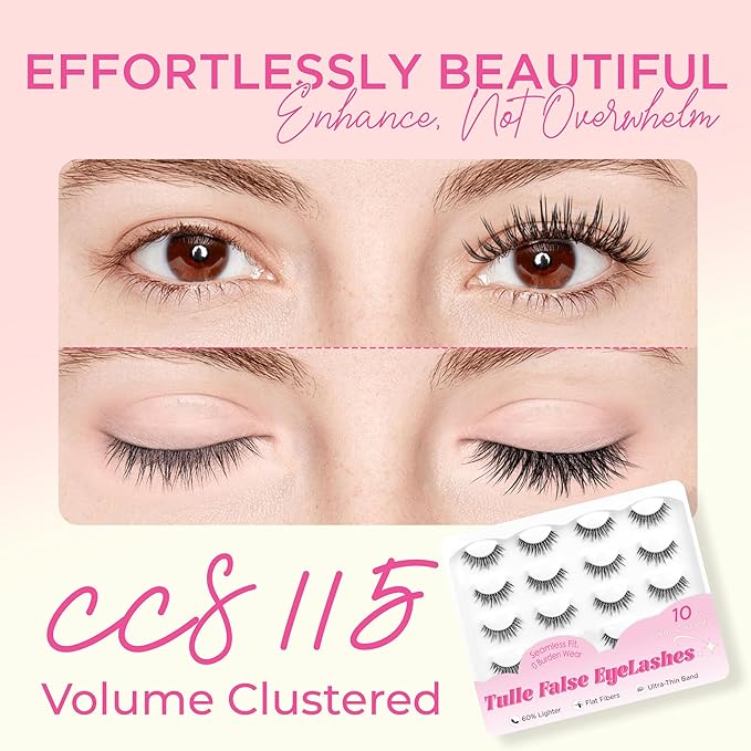 BEPHOLAN Ultra-thin False Eyelashes 10 Pairs Eyelash Pack False Lashes Natural look Lash Strips Lightweight Lashes with Soft Clear Band(CCS115)