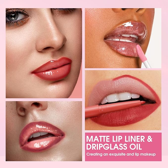 Jolilab Matte Lip Liner Lip Oil Set, Lip Makeup Set Natural Smooth Long-Lasting And Hydrating Beauty Daily Cosmetics Gift for Girls Easy-to-Use（8pcs）