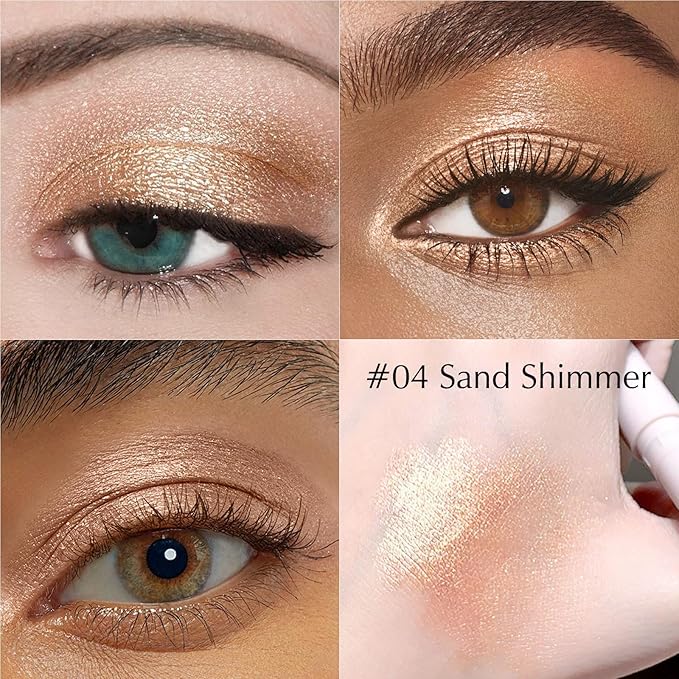 Eyeshadow Stick, Sand Shimmer Cream Eyeshadow Long-Lasting Crease-Proof Glitter Eyeliner Pencil High Pigmented Neutral Highlighter Makeup Crayon with Blending Brush & Built-in Sharpener