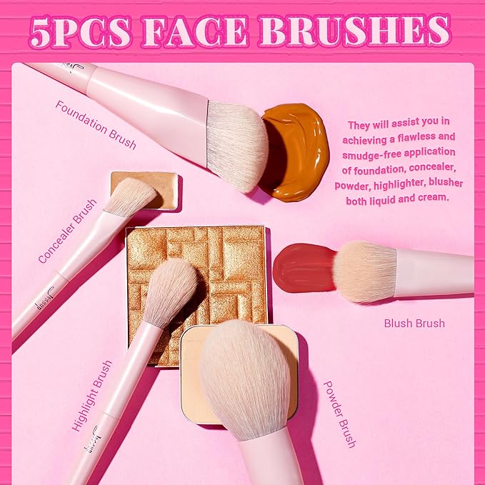 Jessup Pink Makeup Brushes Set 14Pcs Make up Brushes Premium Vegan Foundation Concealer Blush Eyeshadow Eyeliner Powder Highlighter Blending Face Brush Set with Gift Box, T495-G