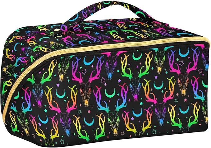 Makeup Organizer Bag, Bright Deer Skulls Travel Makeup Bags Makeup Vanity Case Large Capacity Rhombus Cosmetic Toiletry Bag for Girl Women Ladies