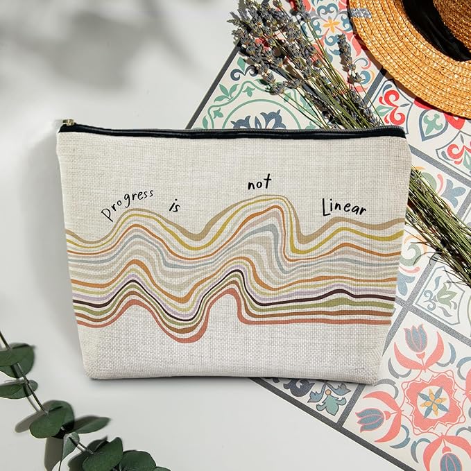 Progress is Not Linear Mental Health Makeup Bag for Purse, Inspirational Motivational Cosmetic Bag Travel Toiletry Bag for Therapist Counselor, Therapy Gifts Zipper Makeup Pouch