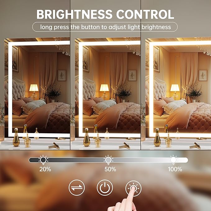 Hasipu Vanity Mirror with Lights, 50" x 34" LED Makeup Mirror, Lighted Makeup Mirror with Dimmable 3 Modes, Touch Screen Control Vanity Mirror Square White