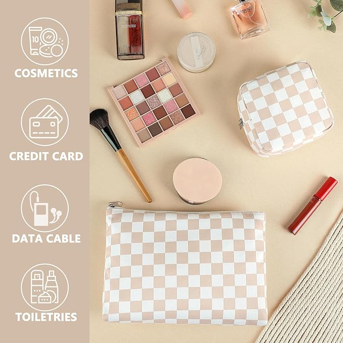 Checkered Makeup Bag, Travel Cosmetic Bag Organizer Toiletry Bag Make Up Bags with Zipper & Compartments for Women Girls, 2PCS