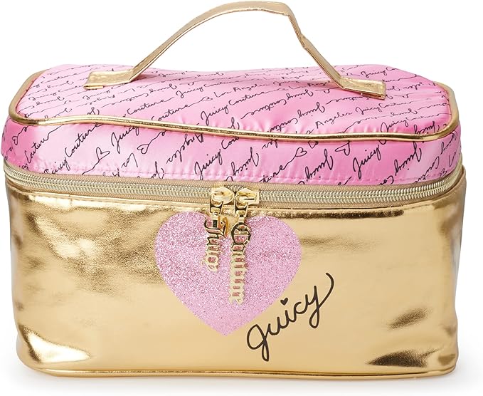 Juicy Couture Gold Pink Makeup Bag Cosmetics Organizer Travel Essentials Train Case Shiny Heart