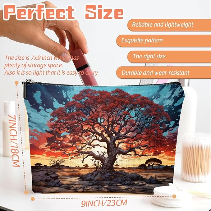 Makeup Bag Travel Cosmetic Bags Small Makeup Case Waterproof Zipper Pouch for Women Girls 7X9inches - Gigantic Red Tree Against A Colorful Sky