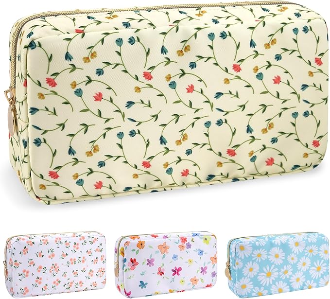 Nylon Small Floral Makeup Bag for Purse, Cute Preppy Makeup Bag Cosmetic Zipper Pouch Purse, Waterproof Portable Travel Toiletry Makeup Brush Bag Organizer Storage for Women Girls(Light Yellow-Flower)