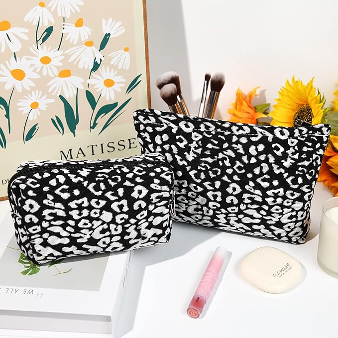 SOIDRAM 2 Pieces Leopard Print Makeup Bag Large Cosmetic Bag Capacity Canvas Mix Travel Toiletry Bag Organizer Cute Makeup Brushes Aesthetic Accessories Storage Bag for Women, Leopard Print Mix Black
