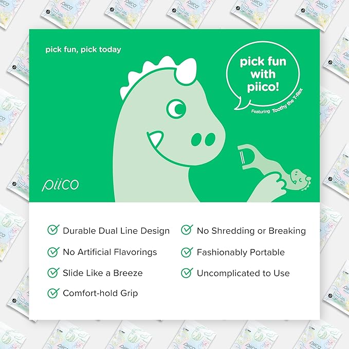 Piico No Flavor Kids Floss - No Fluoride Dual Line Dental Floss Picks - Fun Oral Care in Colorful Floss Sticks Design - Kids Flossers Prevent Tooth Decay & Gum Disease - 150 Homebox Dino & Travel Case