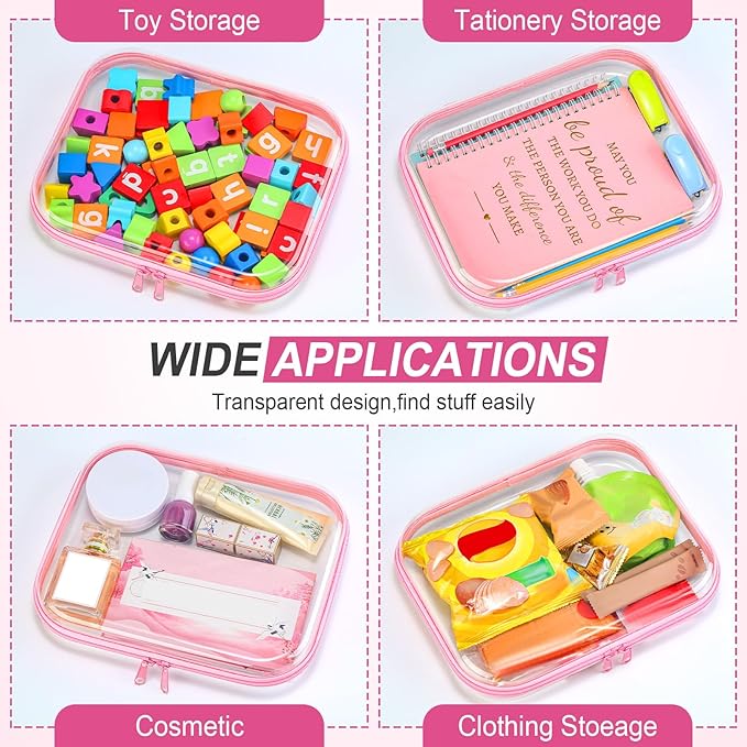 Sanwuta 6 Pcs Clear Hard Zipper Case Hard Plastic Zipper Pouches Makeup Bag Pencil Pouches Transparent Cases for Snacks Plastic Storage Organizer Box for Travel(Pink,9.84 x 7.87 x 2 Inch)