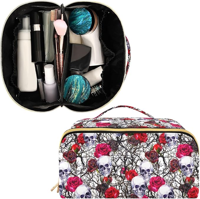 Makeup Organizer Bag, Skulls Rose Flowers Travel Makeup Bags Makeup Vanity Case Large Capacity Rhombus Cosmetic Toiletry Bag for Girl Women Ladies