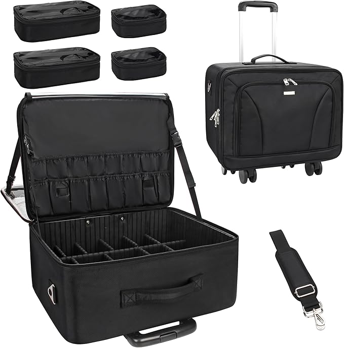 MONSTINA Rolling Makeup Train Case with 4 Detachable 360-Degree Rotation Wheels,Professional Trolley Cosmetic Case, 3-Layer Extra Large Organizer Cart for Makeup Artist Hairstylist