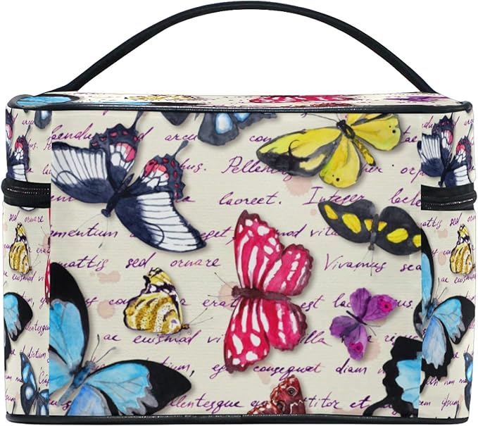 Makeup Bag, Vintage Butterfly Hand Written Text Travel Makeup Organizer Bag Cosmetic Cases Toiletry Bags for Girl Women Ladies