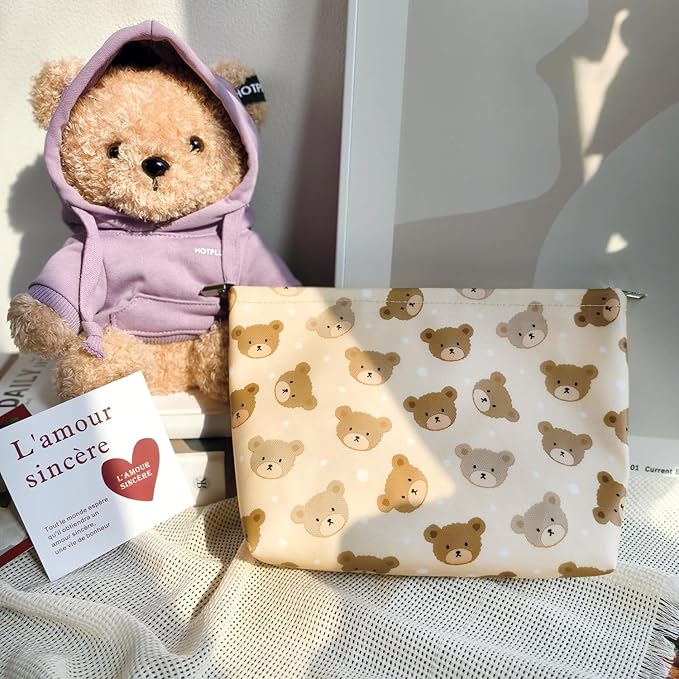STARDW Cute Makeup Bag Aesthetic Cosmetic Bags for Women Girls, Travel Toiletry Bag Large Capacity Zipper Makeup Pouch, Purse Organizer Pouches,Canvas Lining (Baby Bear)