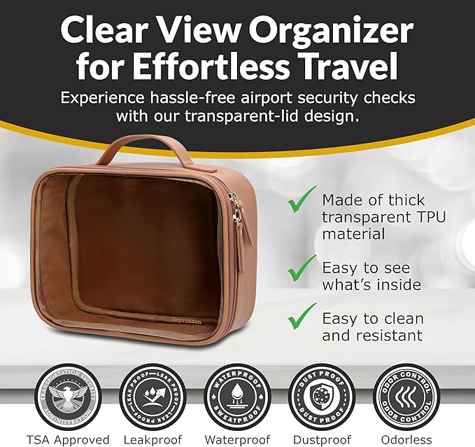 Cosmetic Bag Set - Premium Quality Travel Makeup Bag w/Clear Transparent Front, Best Gift for Travel - 3pcs Gift Set, Large & Small Makeup Bags & Portable Mirror in a Beautiful Gift Box (Nude)