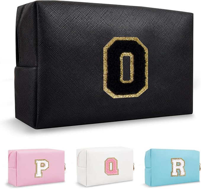 Small Cute Initial Preppy Makeup Bag, Personalized Black Cosmetic Zipper Pouch Chenille Letter Toiletry Bags for Traveling, Waterproof PU Makeup Organizer Travel Essentials for Sister Friend(Letter O)