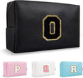 Small Cute Initial Preppy Makeup Bag, Personalized Black Cosmetic Zipper Pouch Chenille Letter Toiletry Bags for Traveling, Waterproof PU Makeup Organizer Travel Essentials for Sister Friend(Letter O)