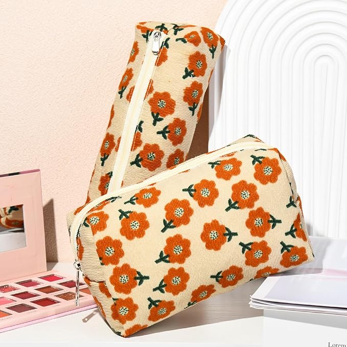 SOIDRAM Floral Cosmetic Bag, Large Capacity Makeup Pouch 1Pcs, Orange Flower
