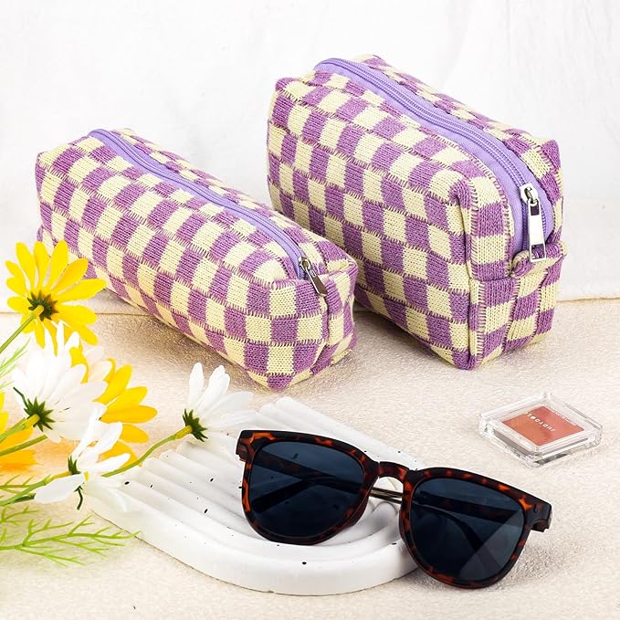 2Pcs Checkered Pencil Case Cute Pencil Pouch for Teens Checkered Makeup Bag Travel Cosmetic Bag Set Cute Makeup Pouch for Purse Portable Zippered Skincare Bags Preppy Toiletry Bags Organizer(Purple)