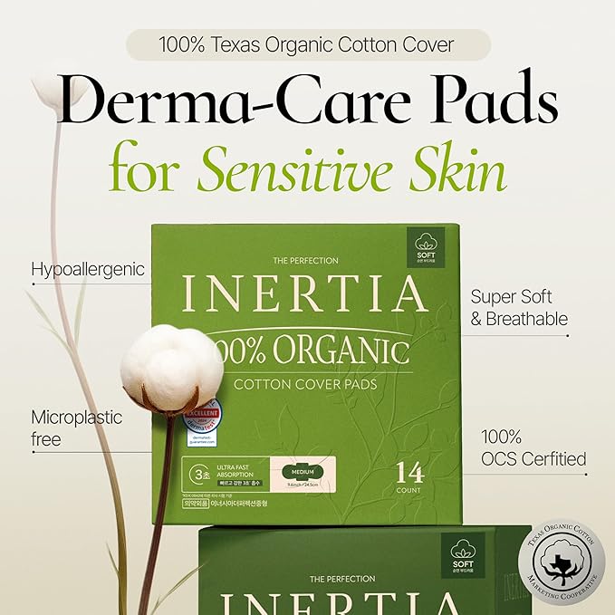 INERTIA The Perfection Green – 100% Organic Cotton Korean Pads with Wings | Heavy Absorbency | Ultra Fast Absorption & Breathable Bio-Film, Leak-Proof & Hypoallergenic Period Pads for Women (12 Count)