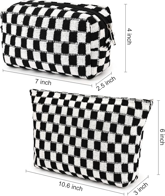 SOIDRAM 2 Pieces Black Makeup Bag Large Checkered Cosmetic Bag Capacity Canvas Mix Travel Toiletry Bag Organizer Cute Makeup Brushes Aesthetic Accessories Storage Bag for Women, Checkered Mix Black