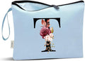 Vavabox A-Z Personalized Makeup Bag, Birthday Gifts for Women Mom, Gifts for Best Friend, Bride Bridesmaid Cosmetic bag (T, Blue)