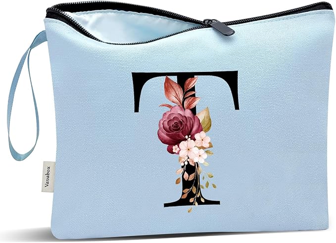Vavabox A-Z Personalized Makeup Bag, Birthday Gifts for Women Mom, Gifts for Best Friend, Bride Bridesmaid Cosmetic bag (T, Blue)