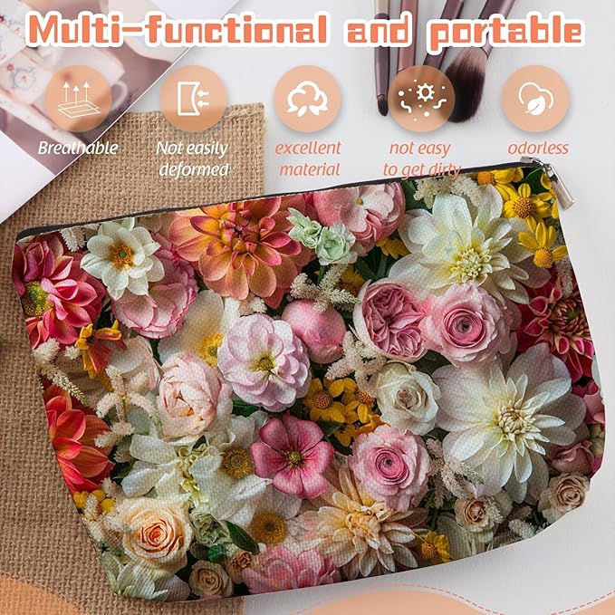 Makeup Bag Travel Cosmetic Bags Small Makeup Case Waterproof Zipper Pouch for Women Girls 7X9inches - Exuberant Array of Multicolored Fresh Flowers