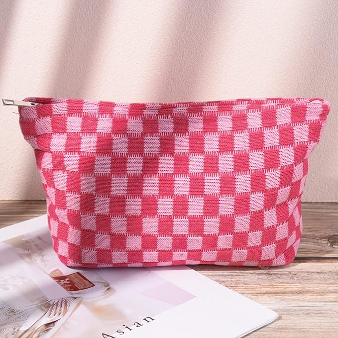 SOIDRAM 2 Pieces Makeup Bag Large Checkered Cosmetic Bag Capacity Canvas Travel Toiletry Bag Organizer Cute Makeup Brushes Aesthetic Accessories Storage Bag for Women, Checkered L Green Rose red