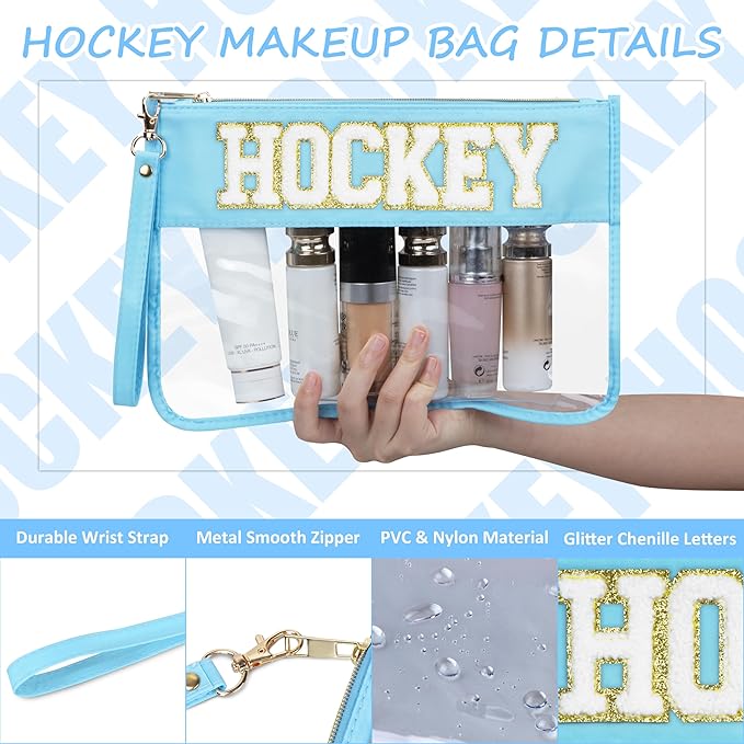 2 Pcs Hockey Gifts Makeup Bag with Chenille Letter Patch, Clear Cosmetic Pouch PVC Organizer Purse, Waterproof Travel Bag, Portable Toiletry Storage Bag for Her Girls Friends Women