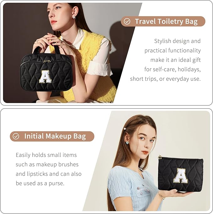 YOOLIFE Teen Girl Gifts Trendy Stuff - Birthday Gifts for 7 8 9 10 11 12 13 14 15 16 17 18 Year Old Teen Girls, Hanging Toiletry Bag Initial Makeup Bag Black - A