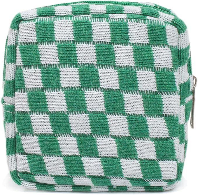 Small Green Makeup Bag for Purse, Mini Checkered Cosmetic Bag Zipper Cute Make Up Pouch Travel Toiletry Bag Quilted Aesthetic Accessories Makeup Storage Bag Organizer for Women Girls