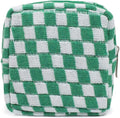 Small Green Makeup Bag for Purse, Mini Checkered Cosmetic Bag Zipper Cute Make Up Pouch Travel Toiletry Bag Quilted Aesthetic Accessories Makeup Storage Bag Organizer for Women Girls