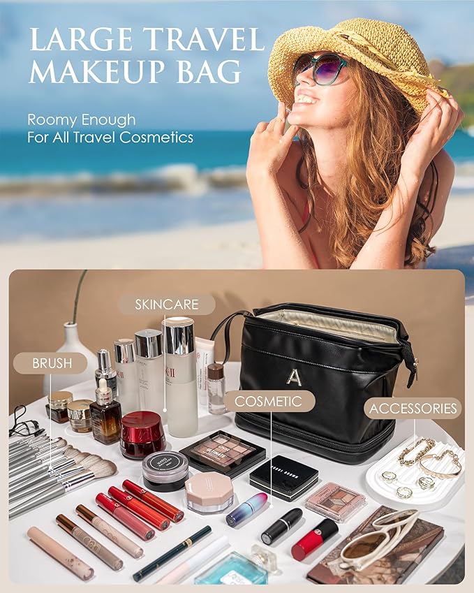 Initial Makeup Bag, Daughter Gifts, Personalized Double Layer Cosmetic Bag with Makeup Brush Organizer, Waterproof, Large Capacity PU Leather Travel Toiletry Bag Cute Things for Girls