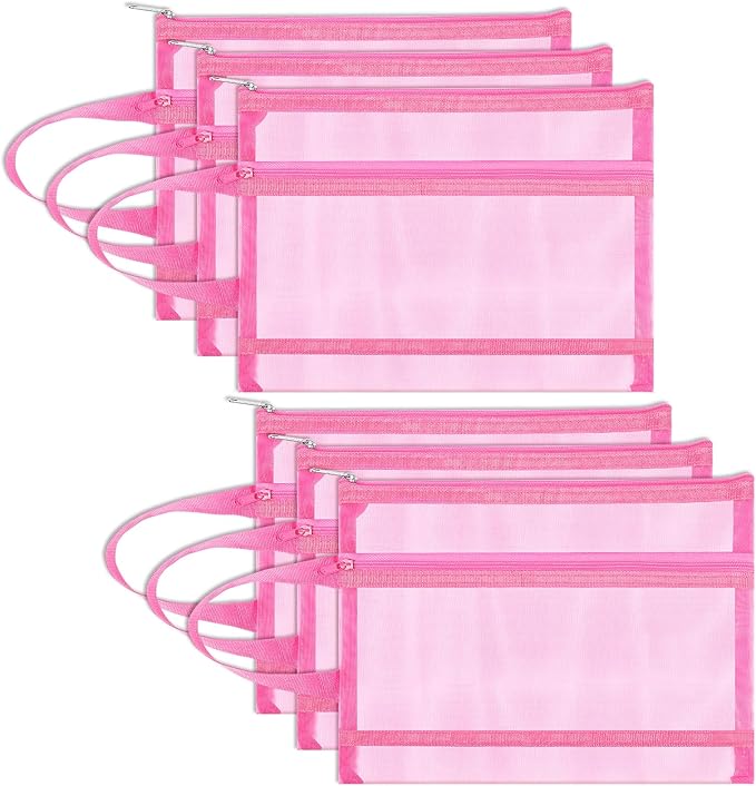 6 Pack Mesh Zipper Pouch Bags, Double Layer Nylon Pouch with Handle for Office Travel Organization (Pink, A5)