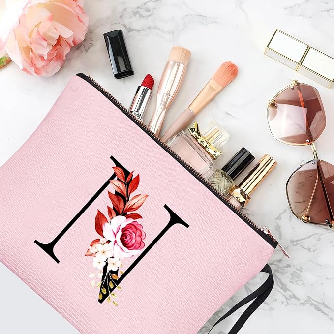 Vavabox A-Z Personalized Makeup Bag, Birthday Gifts for Women Mom, Gifts for Best Friend, Bride Bridesmaid Cosmetic bag (N, Pink)