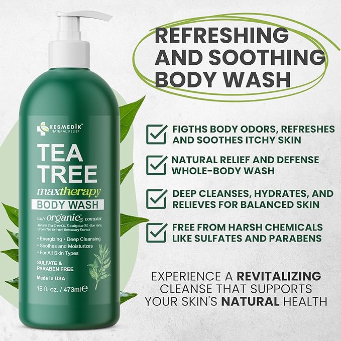 Tea Tree Body Wash MaxTherapy, Itchy Skin Relief, Tea Tree Oil Soap, Soothes Jock Itch, Athlete's Foot, Ringworm, Eczema, Psoriasis & Sensitive Skin, Men & Women, 16 fl oz, Original Edition