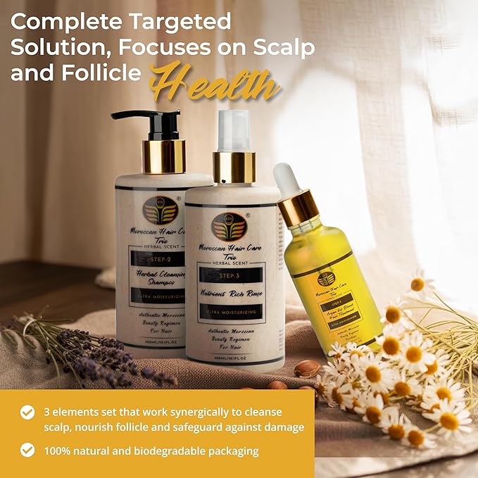 Moroccan Oil Hair Care Trio – Premium 3-Step Argan Oil Hair Treatment Kit for Scalp & Follicle Health – Herbal Shampoo, Leave-In Rinse & 30+ Botanicals – Sulfate-Free, Dermatologist Approved