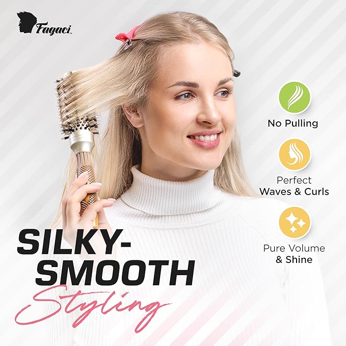 Fagaci Small Round Brush for Blow Drying with Natural Boar Bristle, Hair Styling, Drying, Healthy Hair and Add Volume, Ceramic Gold, Hair Brush + 4 Styling Clips