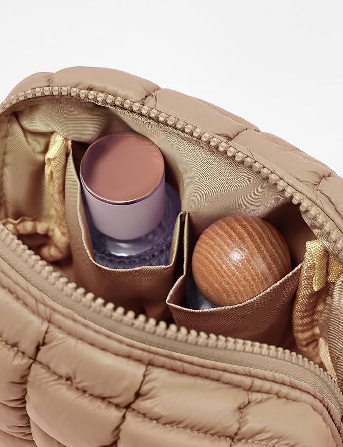 Yarnic Quilted Makeup Bag Puffy Cosmetic Bag, Travel Toiletry Bag for Women, Cute Makeup Bag Organizer Puffer Makeup Pouch (S, Caramel)