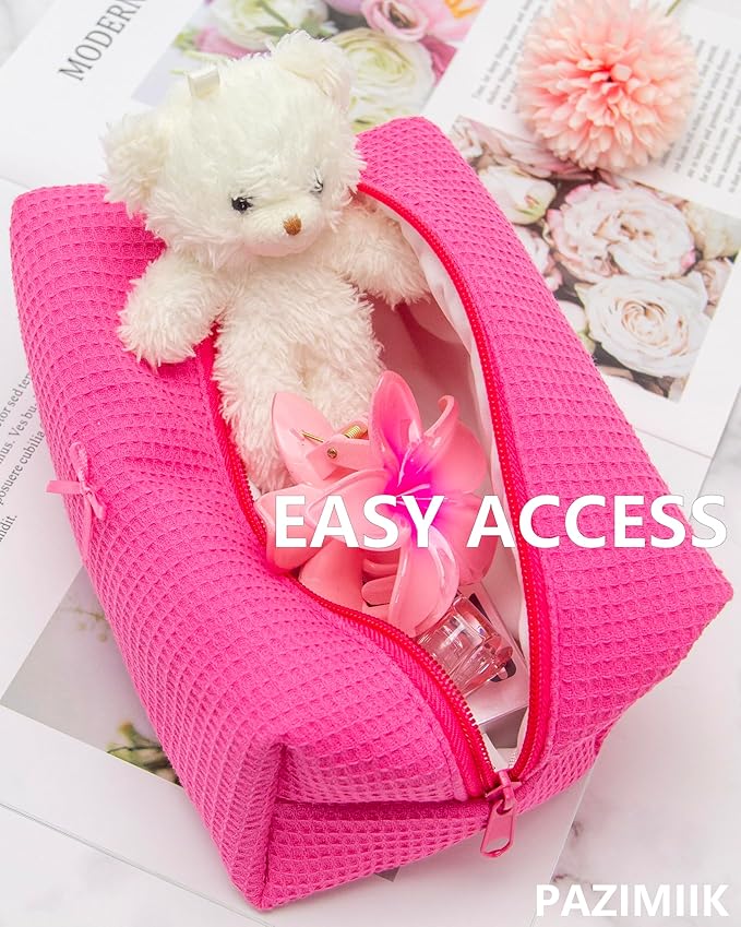 PAZIMIIK 6PCS Cozy Makeup Bag Travel Cosmetic Bag for Women Soft Toiletry Bag Aesthetic Makeup Organizer Portable Large Zipper Pouch for Skincare Beauty Accessories Brushes Waffle Hotpink