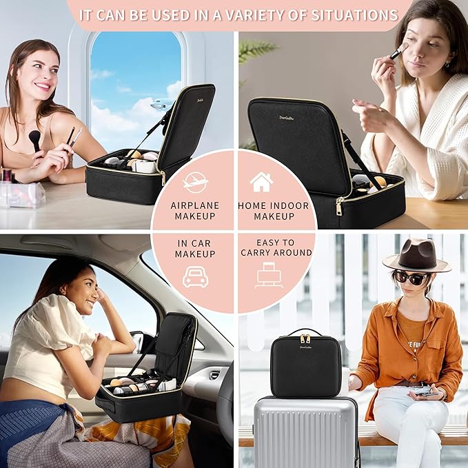 Travel Makeup Bag, Makeup Train Case, Portable Makeup Artist Organizer with Adjustable Dividers, Cosmetic Brush Holder Storeage