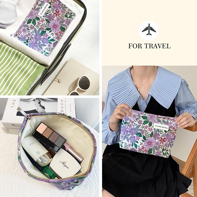 STARDW Aesthetic Floral Makeup Bag Cute Small Cosmetic Bags for Women Girls, Travel Toiletry Bag Large Capacity Zipper Makeup Pouch, Purse Organizer Pouches (Purple Florals)